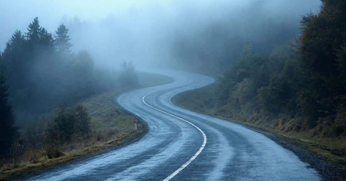 A road dissolving into morning mist